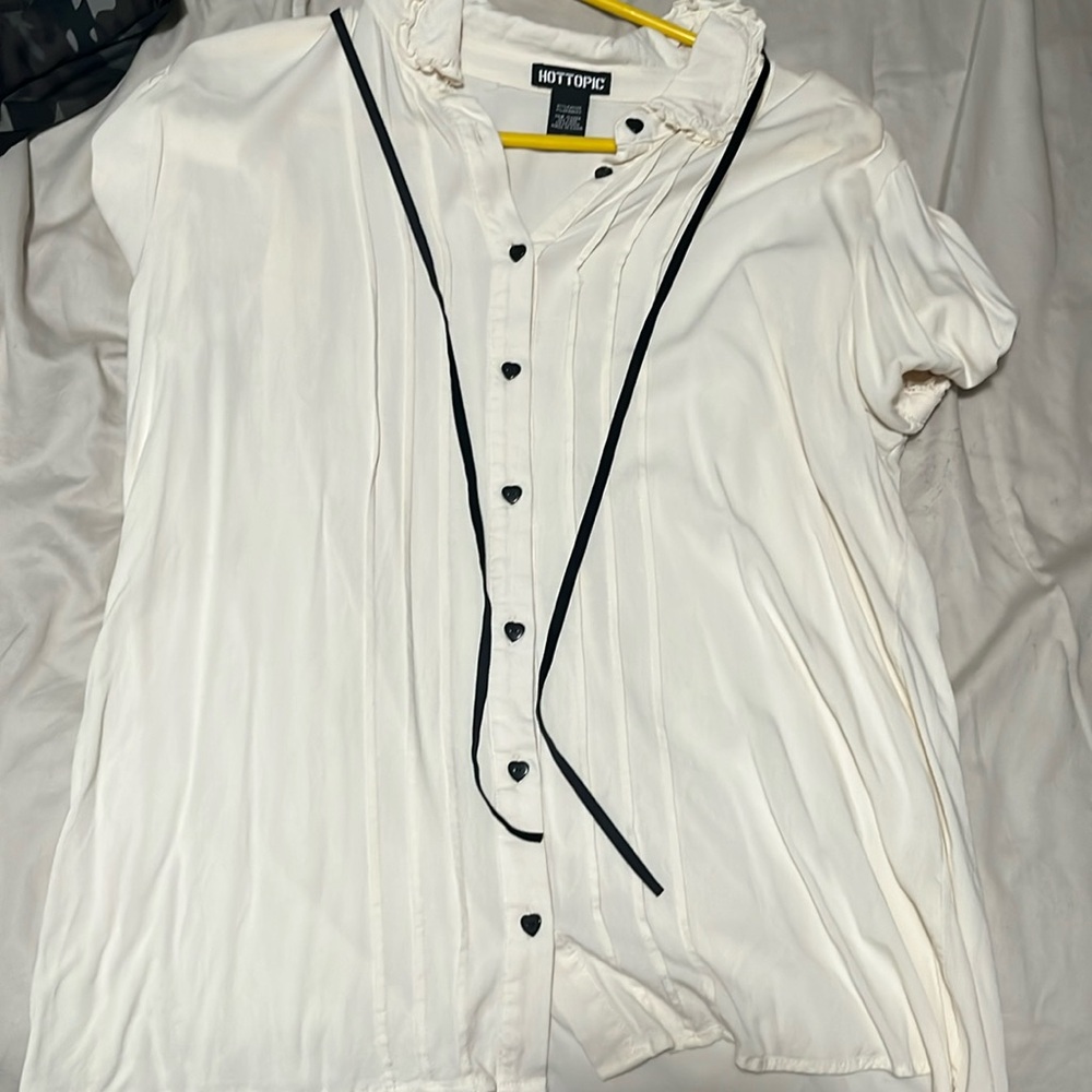 Hot Topic Antique White Ruffle Bow Girls Woven Button-Up Blouse